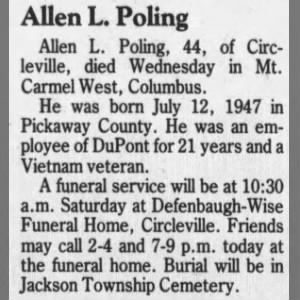 Allen L Poling obituary