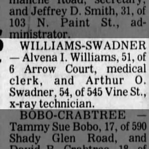 Marriage Announcement of Arthur O Swadner and Alvena I Williams